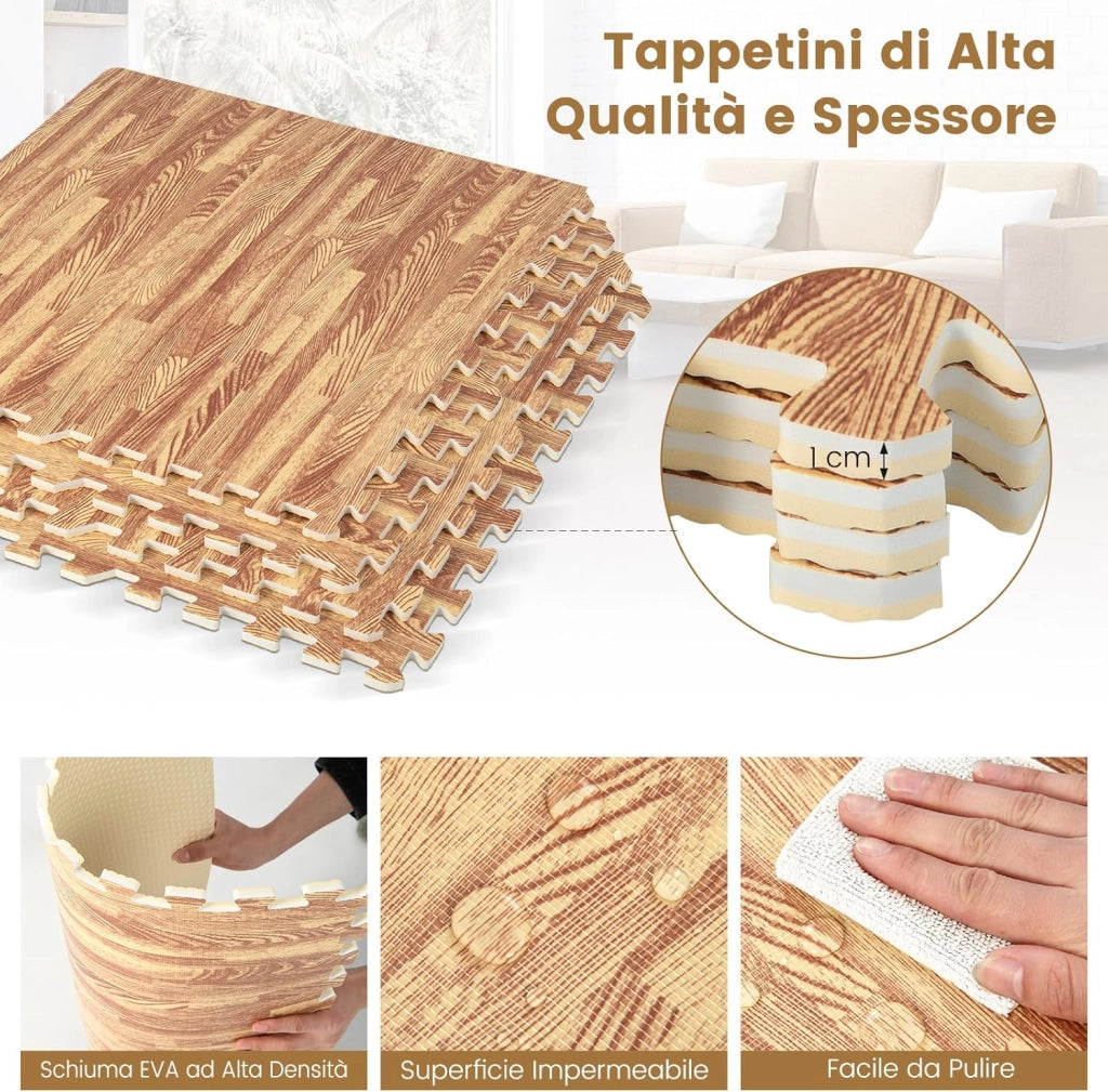 12 Pezzi Tappeto Puzzle Effetto Legno, Tappetini a Incastro in Schiuma EVA con Bordi Perimetrali, Tappeto Protettivo Spesso per Palestra Casa Stanza Giochi, 61x61 cm, 4,5 M²