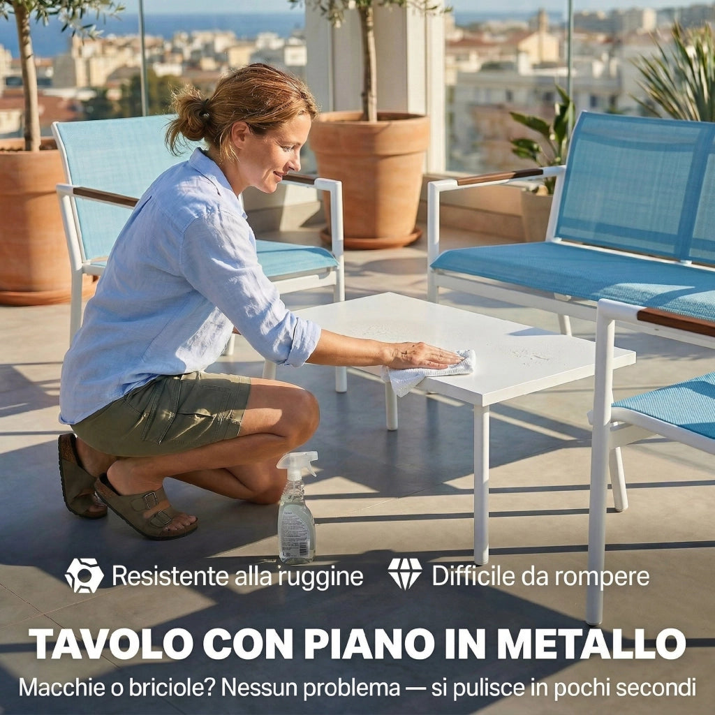 Set Giardino 4 Posti con Divano, Poltrone e Tavolo in Metallo ¨C Minimal ¨C Blu