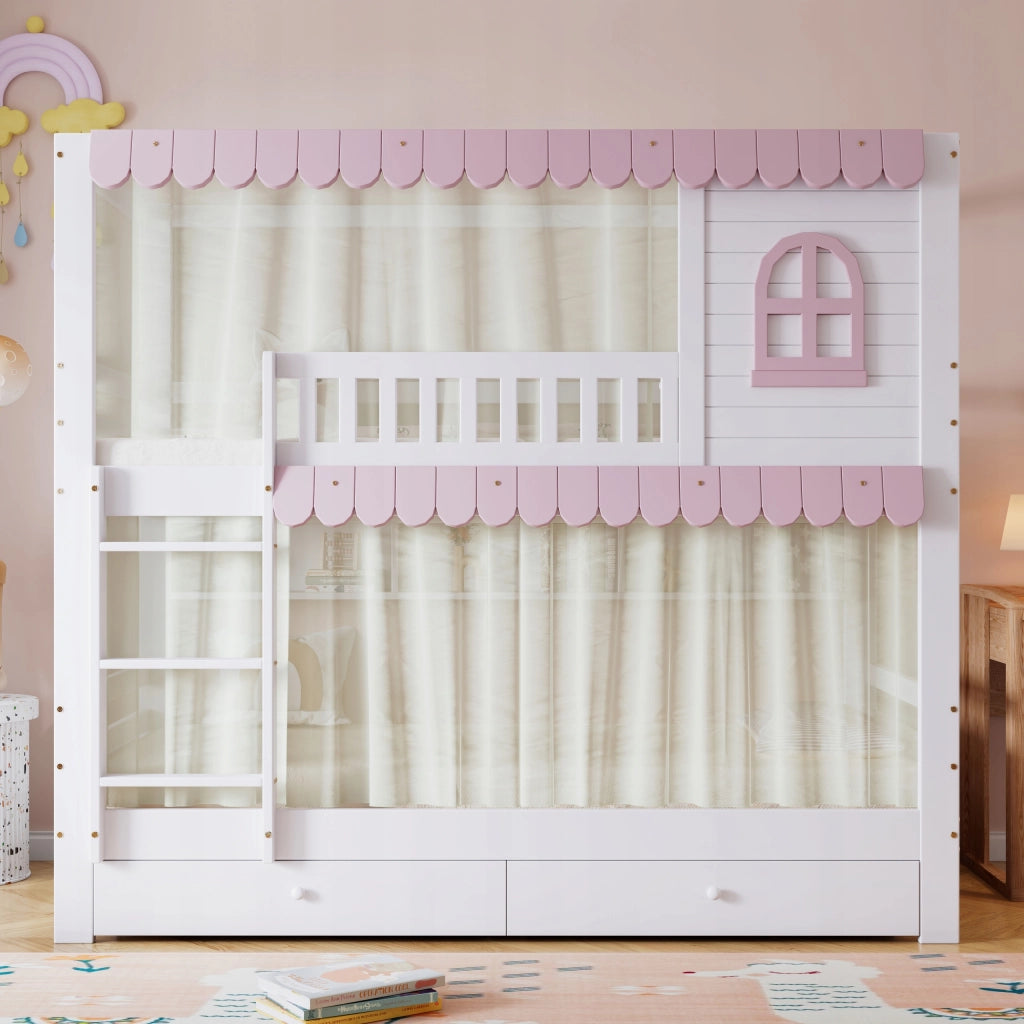 Letto a castello per bambini - Xylo - 90x200 - Bianco-rosa