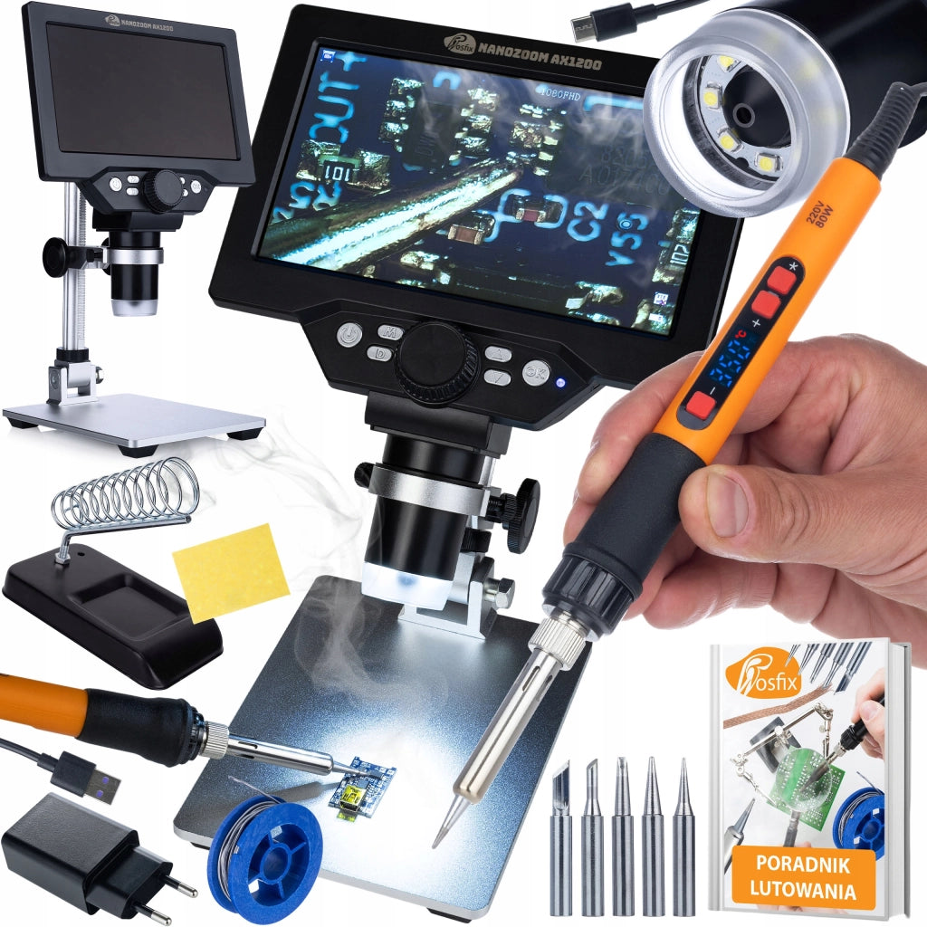Mikroscopio Digitale LCD 7" Rosfix NanoZoom AX1200 – Ingrandimento 1200x | Saldatore 80W Regolabile 180–500°C