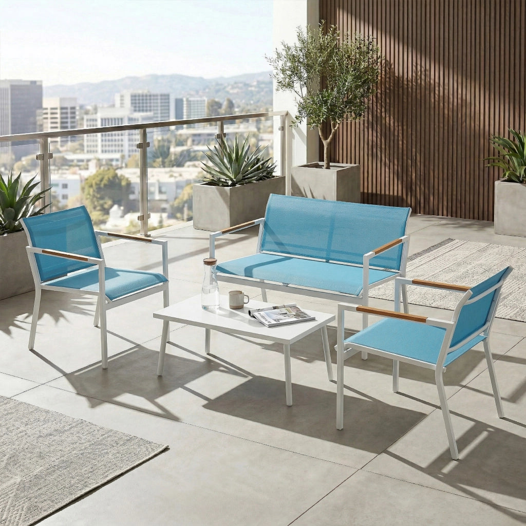 Set Giardino 4 Posti con Divano, Poltrone e Tavolo in Metallo ¨C Minimal ¨C Blu