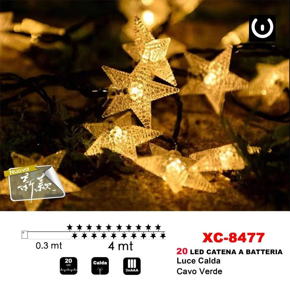 Trade Shop - Catena Luminosa Stelle 20led A Batteria Luce Calda Cavo Verde Decorazioni Xc-8477 -