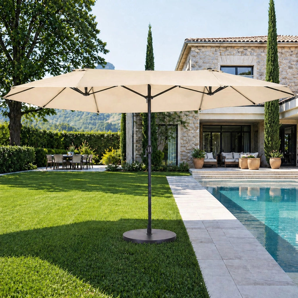 Ombrellone Doppio Da Giardino Parasole 4.6 x 2.4 M Per Esterno Piscina Terrazzo Con Palo In Acciaio E Tessuto In Poliestere Impermeabilie Anti UV Apertura A Manovella Colore Beige