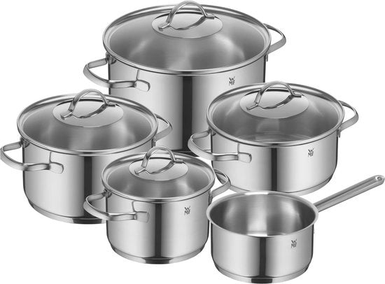 Set di pentole a 5 pezzi - Adatto a tutte le fonti di calore, compresa l'induzione - 3 pentole da cottura e una padella - Coperchio in vetro e maniglie ergonomiche