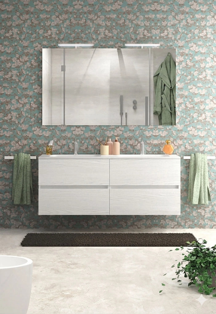 Mobile da Bagno Sospeso con Lavabo 120cm 2 Vasche e Specchio Bali Light Double Bianco Frassino