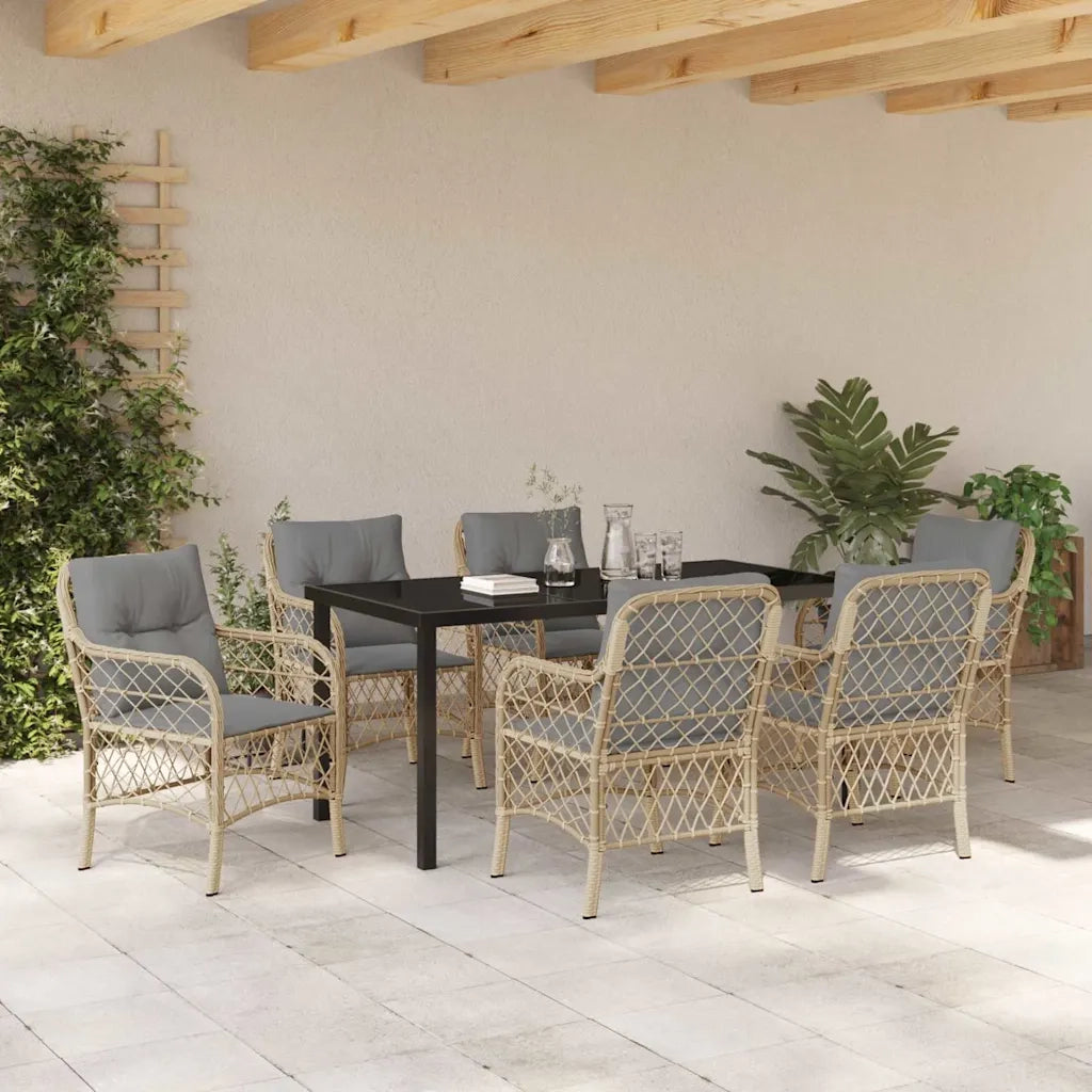 Set da Pranzo per Giardino con cuscino 7 pcs Beige polyrattan