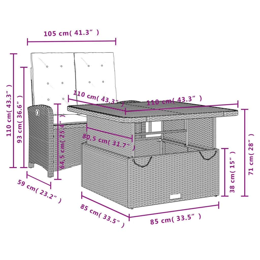 Set da Pranzo da Giardino 2 pz con Cuscini Nero in Polyrattan 3277331