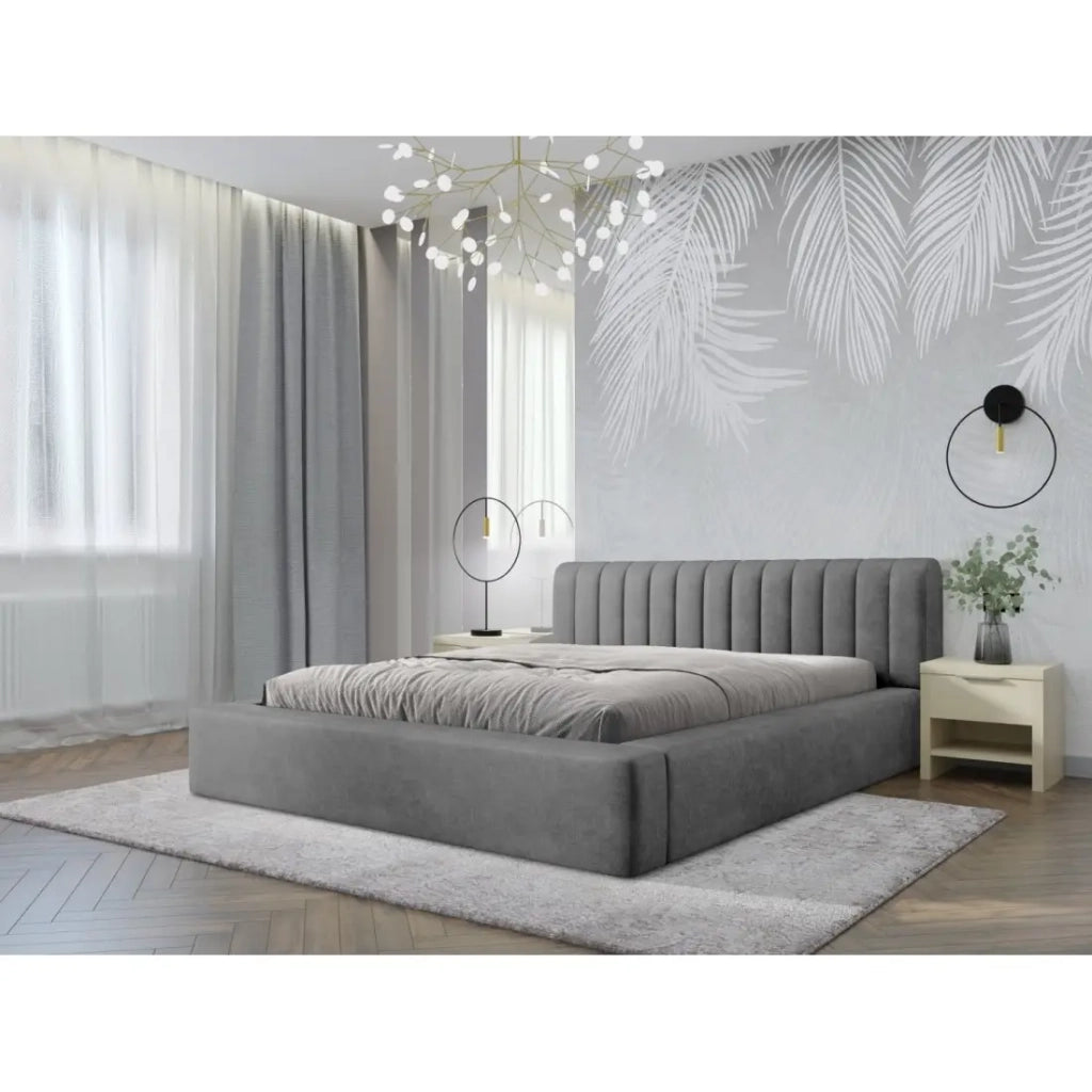 Lit coffre CERVIN – Velluto morbido Perla di cemento – 180x200 cm – Rete sollevabile – Design contemporaneo