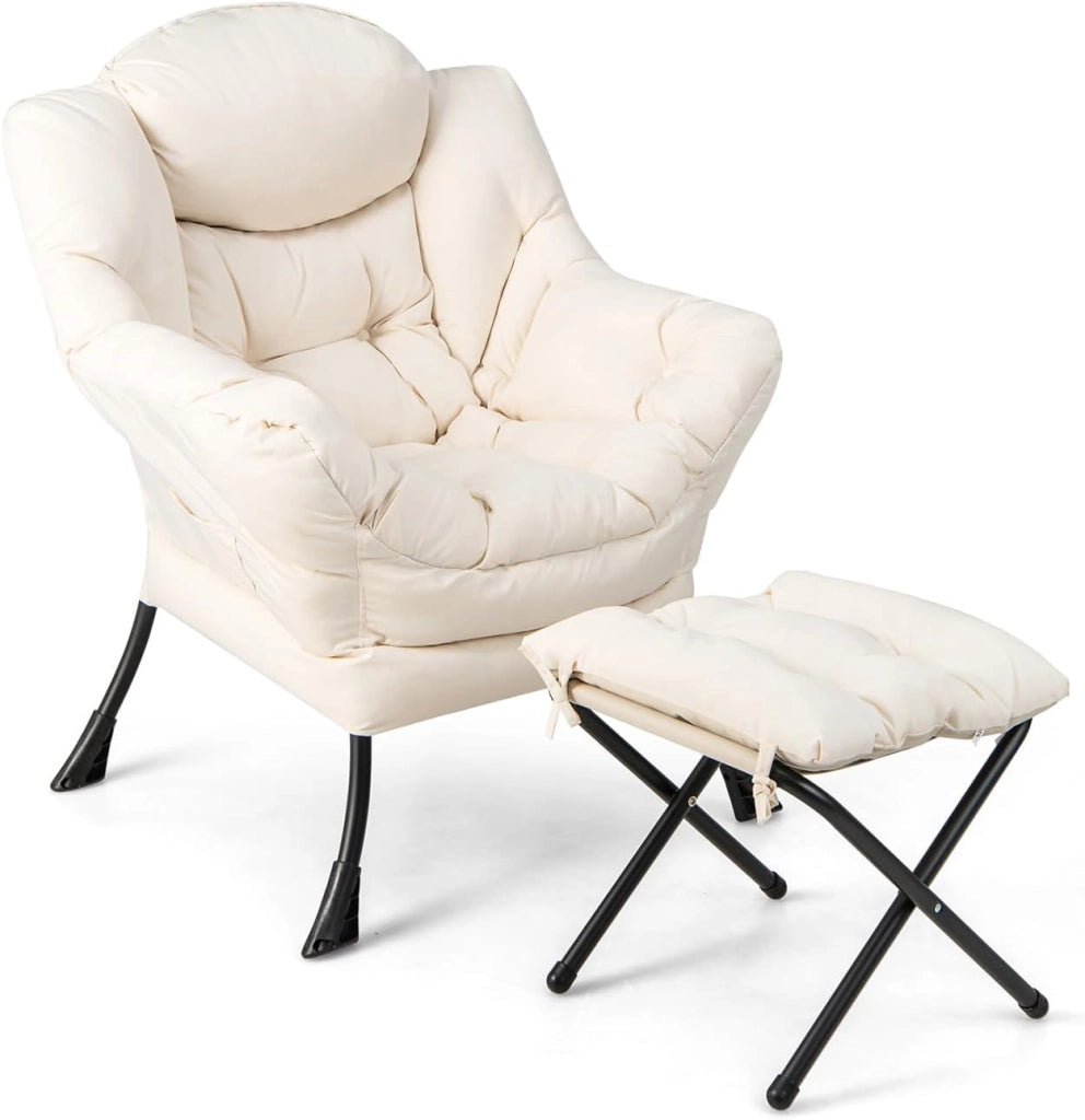 Poltrona Pigra con Poggiapiedi, Poltrona da Lettura Moderna con Cuscino, Braccioli, Poltrona d'Accento per Soggiorno, Camera da Letto, Ufficio e Esterno (beige)