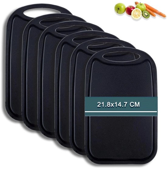 Set di tovagliette da colazione 6 pezzi con canale per succo, Piatto da taglio 22 x 15 cm antibatterico in plastica antiscivolo BPA-free, Tovaglietta da colazione in plastica nera, piccola, resistente al lavastoviglie