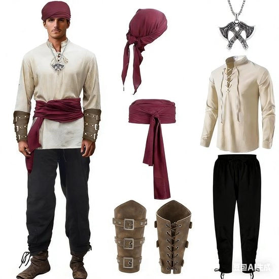 Costume Pirata Uomo - Set Completo - Maglia/Pantaloni/Cintura - Protezioni per Cosce/Accessori - Stile Medievale - Materiali di Alta Qualità - Costume Medievale Completo
