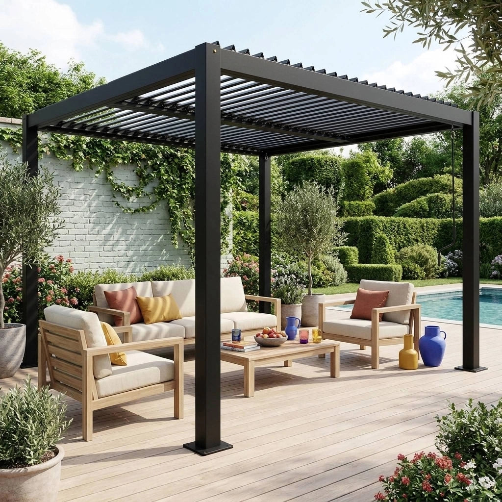 Pergola bioclimatica 3x3m in alluminio e acciaio, lamelle orientabili,