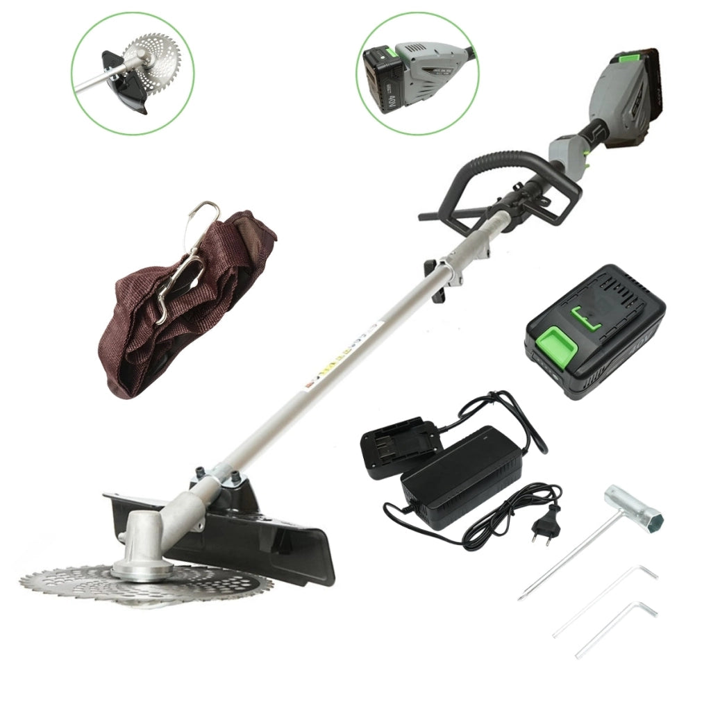 Decespugliatore elettrico multifunzione 1500W, batteria 40V/2Ah, 3 velocità 6000-8000 giri/min, accessori inclusi