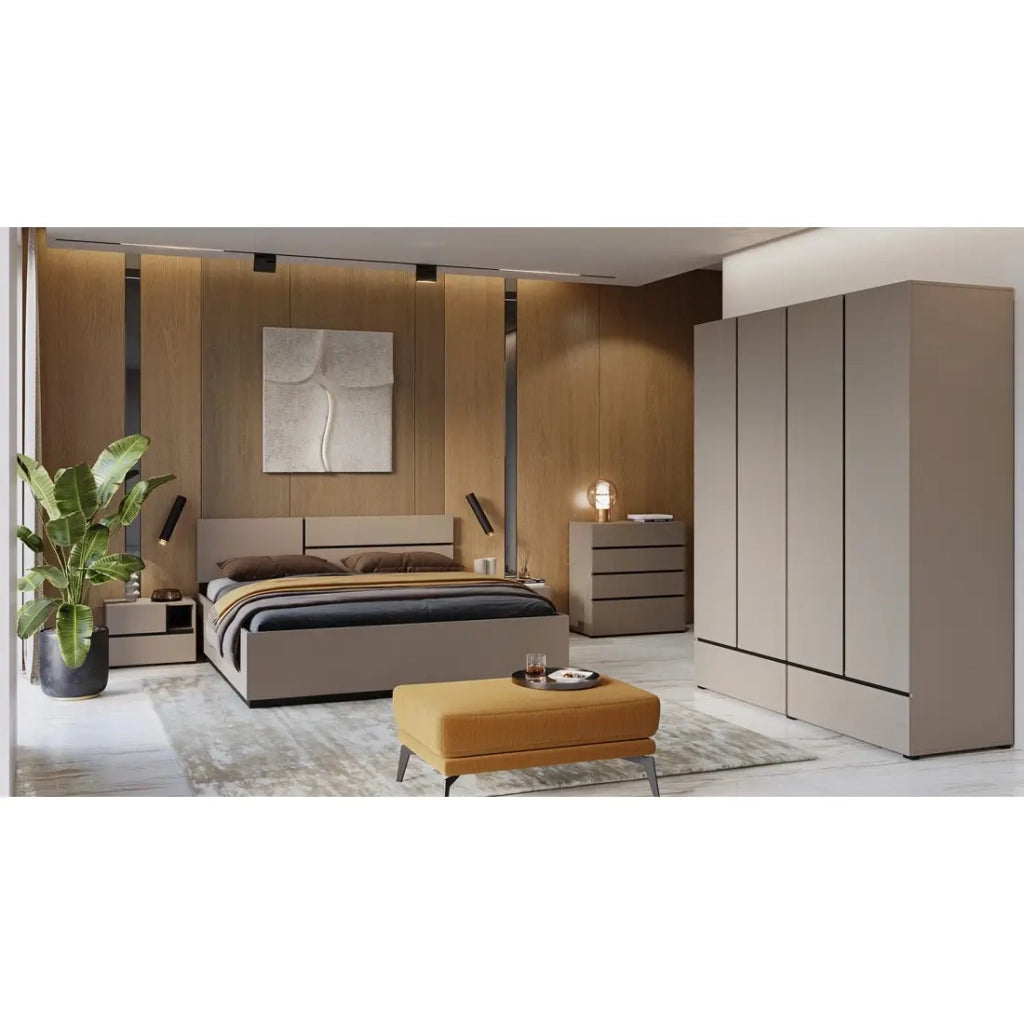 Camera completa HAVANA beige e nero – Letto 180x200, armadio 4 porte, comodini e cassettiera