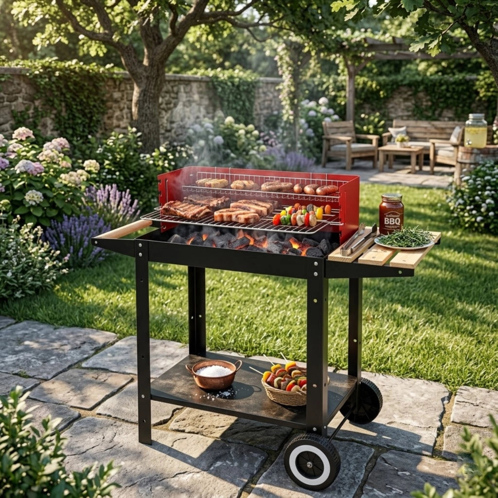 BBQ Grill A Carbonella Con Griglia Regolabile Accessori In Dotazione Ripiano Laterale Multifunzionale Supporto Porta Accessori Ruote Scorrevoli E Ripiano Scaldavivande 86 x 40.5 x 81 Cm