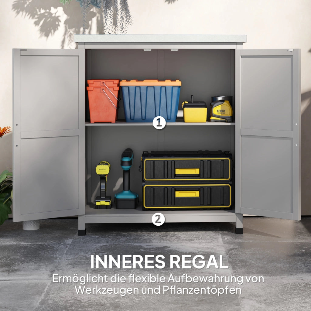 Armadio da giardino in legno Capanno da giardino impermeabile con piano di lavoro; doppia porta; mensole; mobile da giardino Armadio per il deposito Armadietto poliuso per giardino; terrazza 79 x 43 x 92 cm grigio