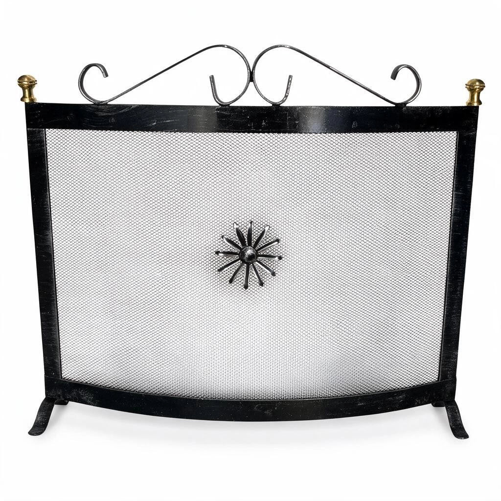 PARASCINTILLE PER CAMINO CAMINETTO CURVO IN FERRO 70x60h cm POMELLI IN OTTONE