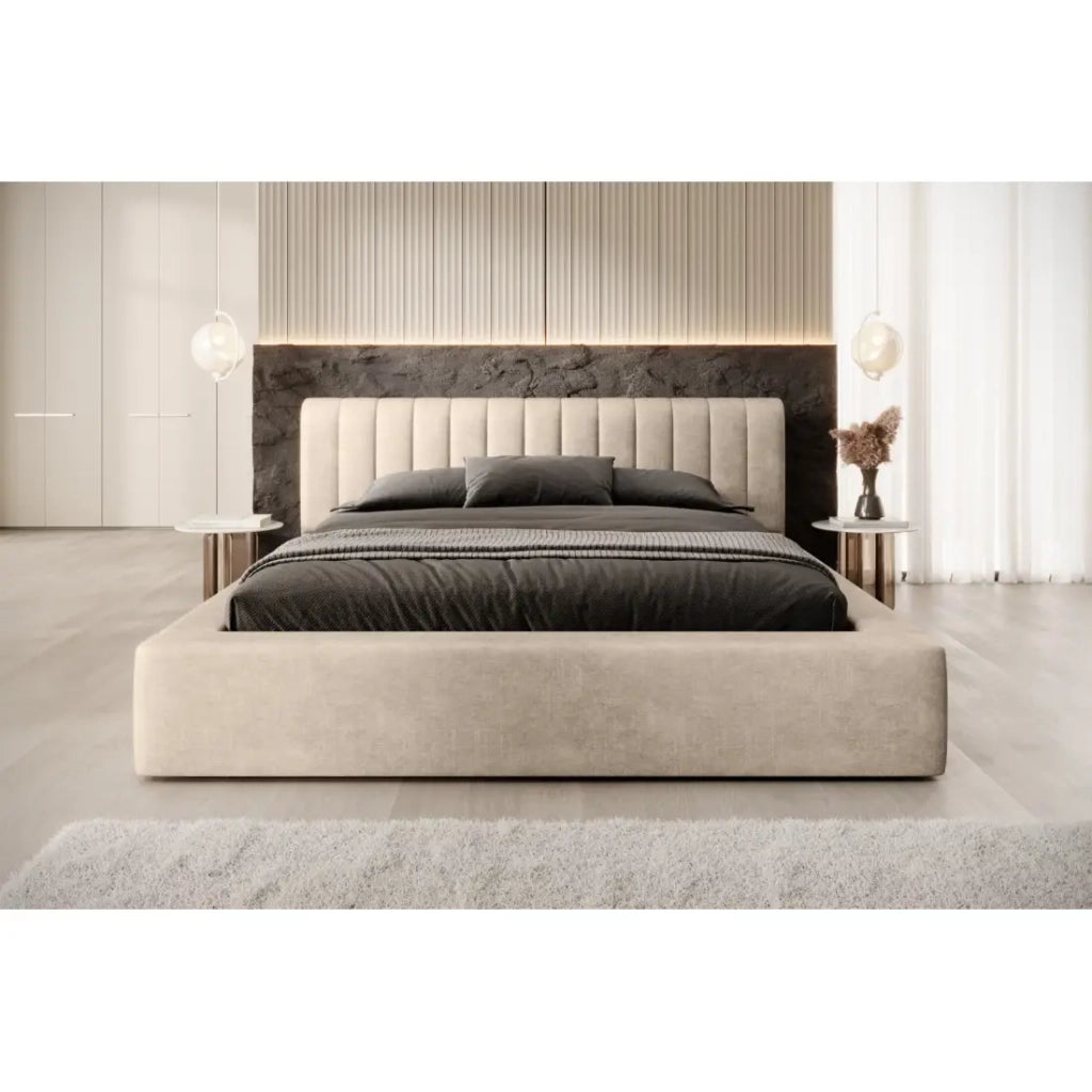Letto contenitore CERVIN – Velluto morbido Nude Sablé – 140x200 cm – Rete sollevabile – Design elegante
