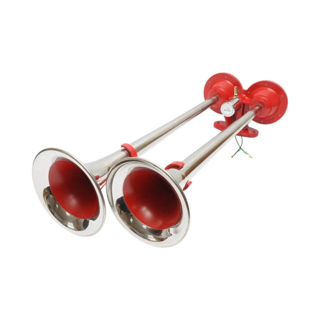 Clacson a 2 trombe rosso 12V/24V per compressore d’aria.