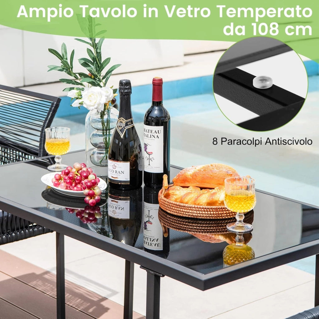 Set di 3 Pezzi Pranzo da Giardino, Set di Tavolo e Sedie da Esterno in Rattan PE con Schienali Pieghevoli, Tavolo in Vetro Temperato, per Balcone Giardino