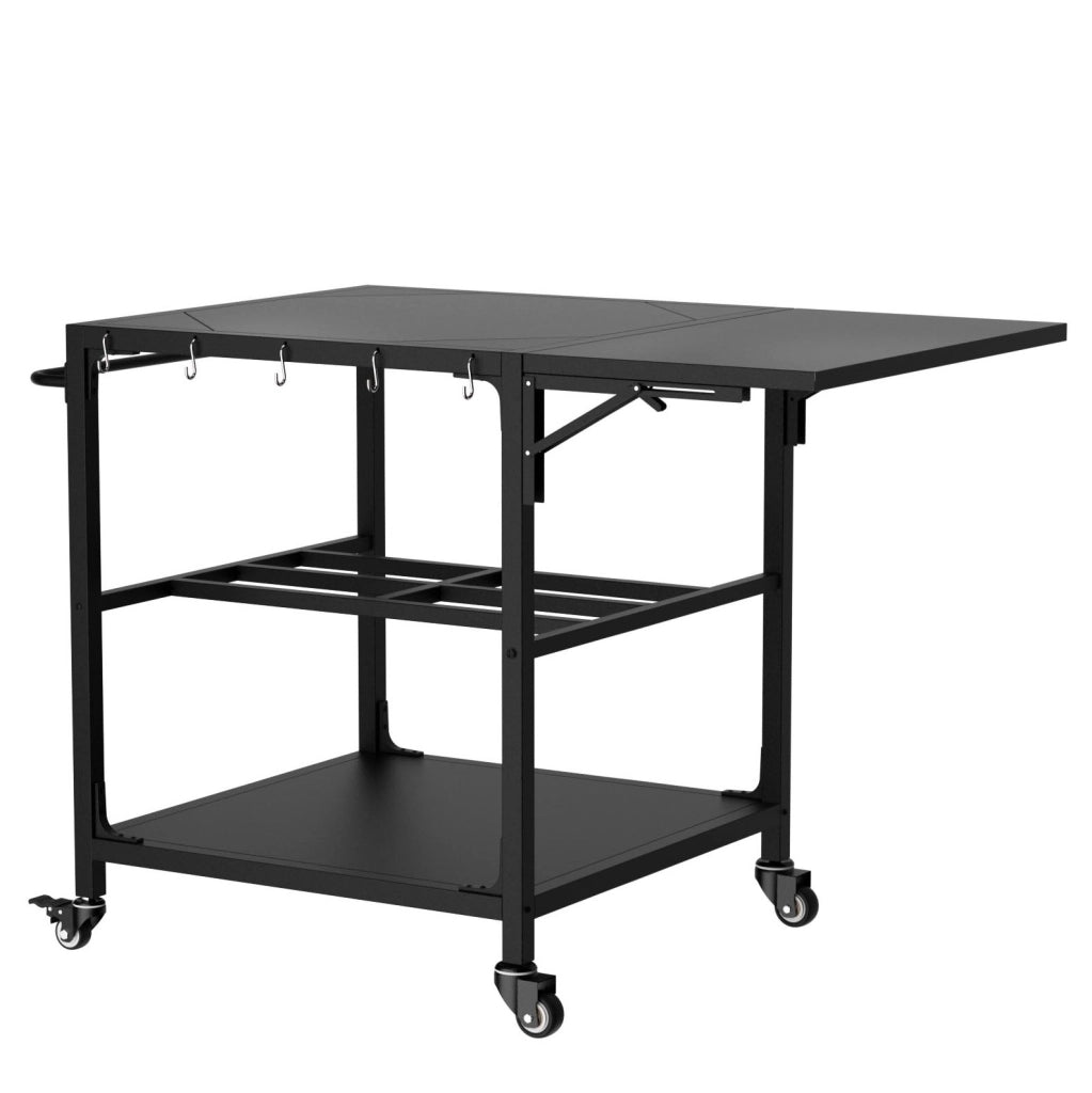 Carrello portabarbecue ULEVR in metallo nero per grill Kamado ? 53-66 cm, con piano pieghevole, ripiano e ruote