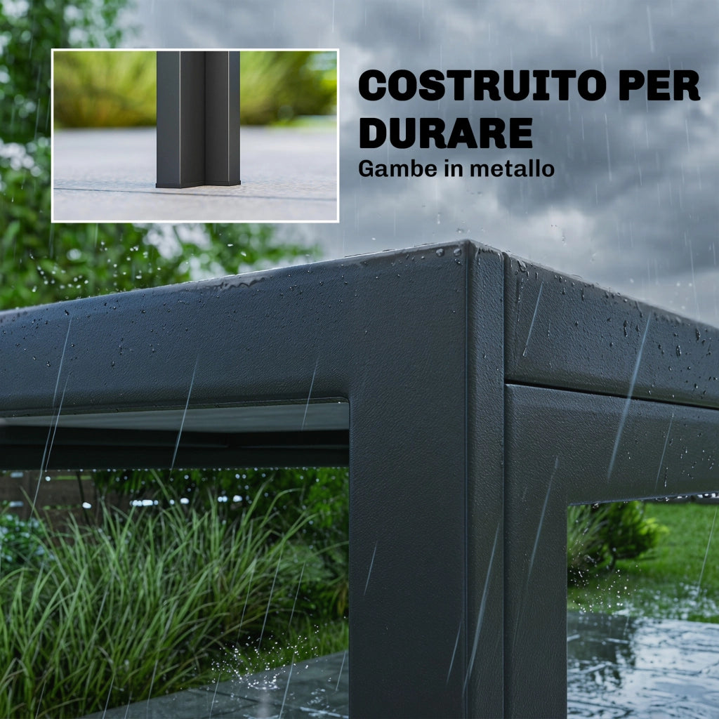 Tavolo da Giardino in Acciaio con Piano Effetto Legno 150x80x74 cm ¨C zephmum ¨C Grigio e Nero