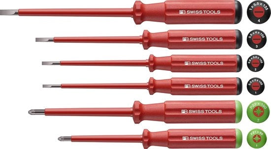 Set di chiavi a 6 pezzi per viti a testa piatta e Pozidriv, Isolato fino a 1000 V, 100% Made in Svizzera, Rosso, Garanzia senza limiti