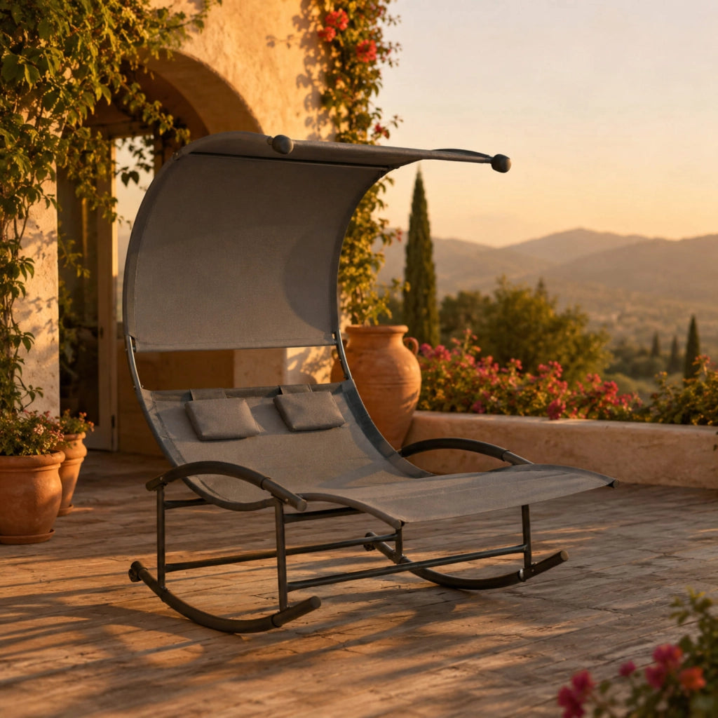 Lettino 2 Posti Dondolo Prendisole Design Ergonomico Con Parasole Integrato In Textilene Traspirante Struttura In Acciaio E Cuscini Ideale Per Giardino Piscina Outdoor 140x200x185 Cm Grigio