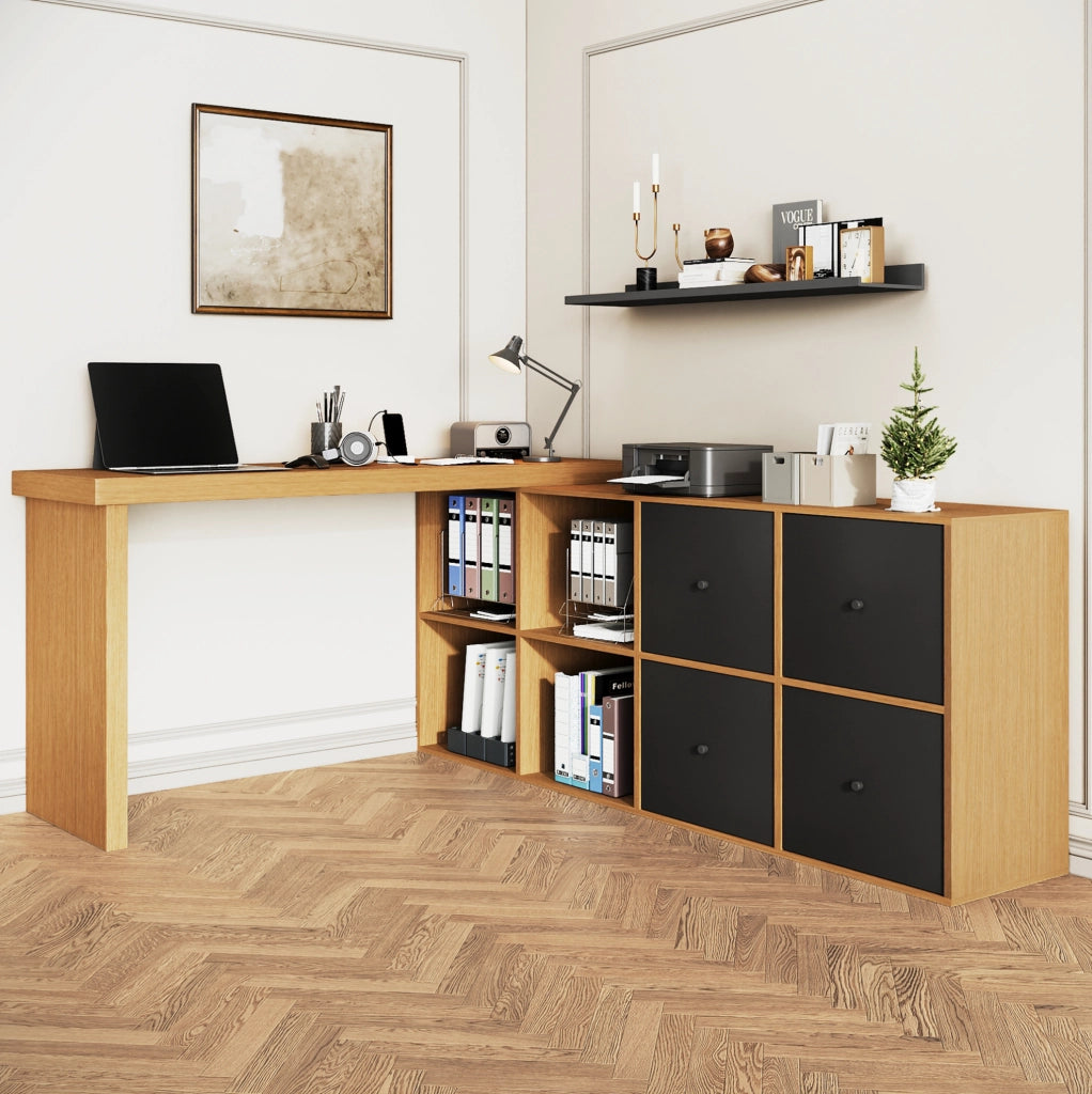 Scrivania angolare girevole 360° in MDF; 120x48x78 cm + 140x35x74 cm; nero e rovere