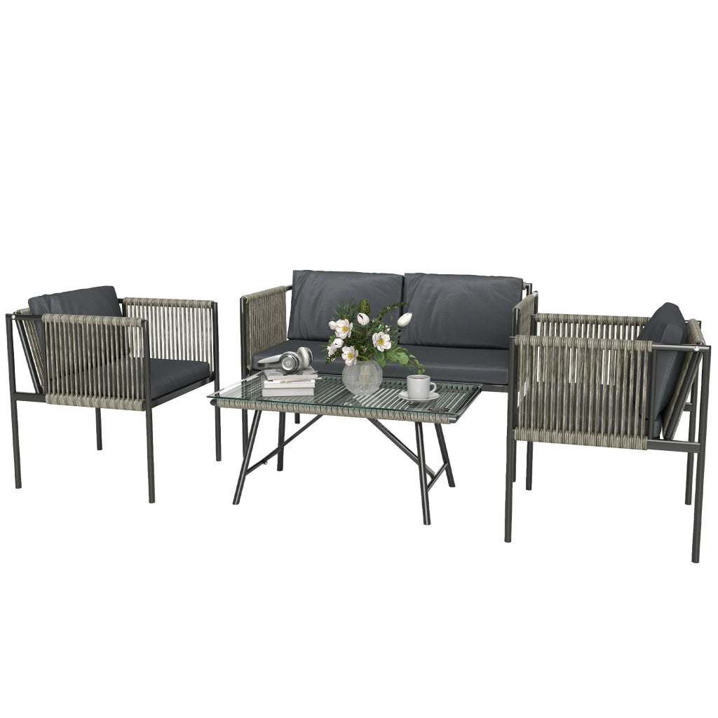 Set 4 pezzi giardino, divano 2 posti, 2 poltrone, tavolino con piano in vetro, cuscini, telaio in acciaio, rattan sintetico grigio, per esterno