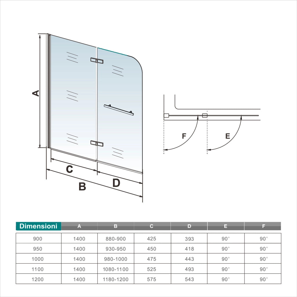140 cm Sopravasca Parete Vasca da Bagno Due Ante Movibili con Maniglia Portasciugamani Vetro 6 mm Temperato Anticalcare 100 cm