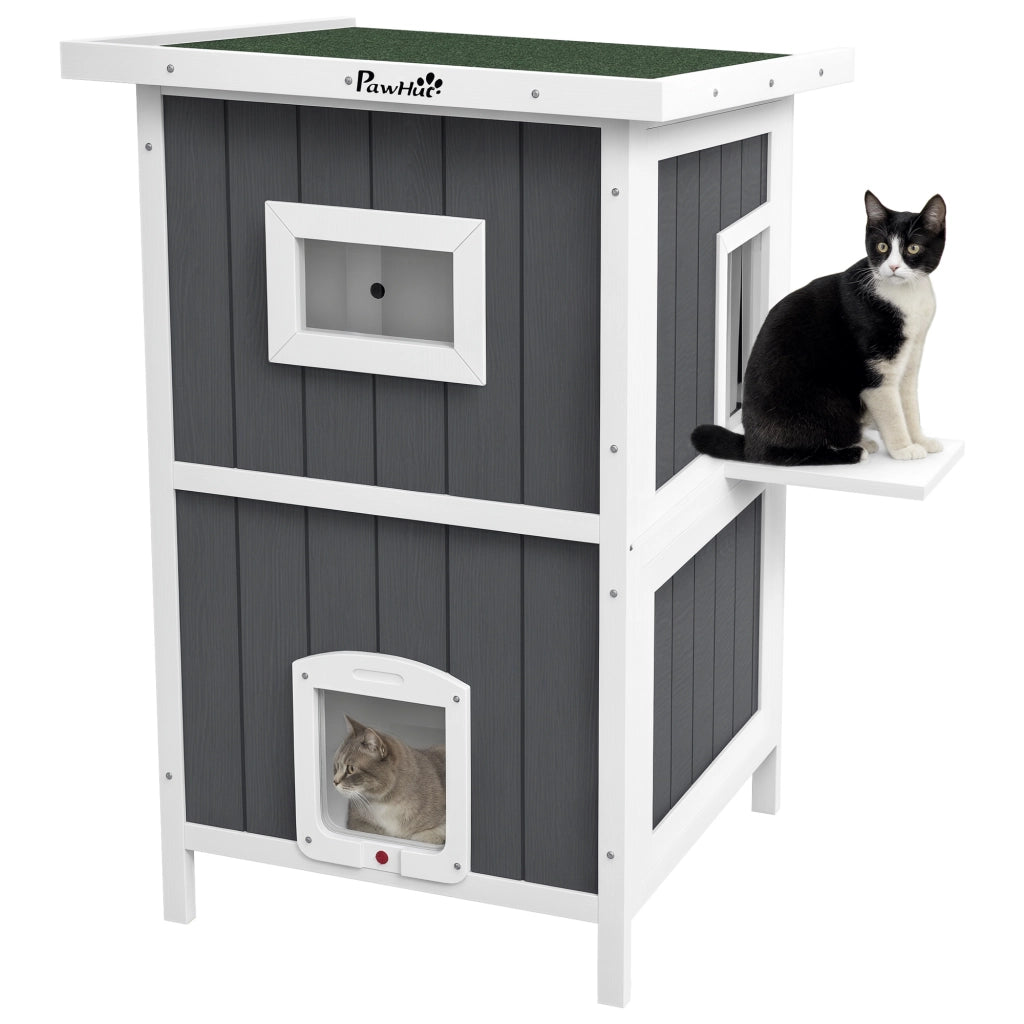 Cuccia per Gatti da Esterno in Legno a 2 Livelli con Tetto in Asfalto e 4 Porte, 60x60x90.5cm, Grigio