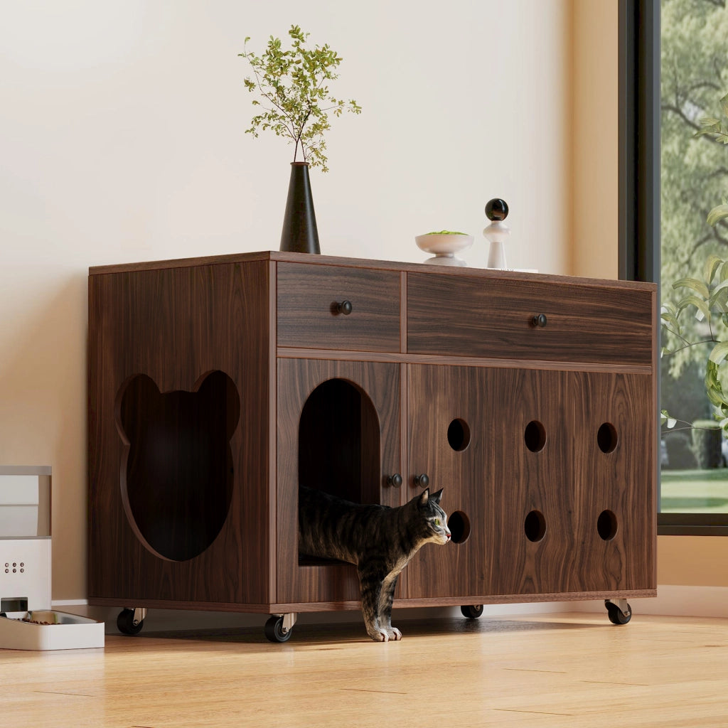 Mobile copriletiera per gatti con 2 cassetti; vassoio raccogli sabbia removibile e ruote noce 100 × 45 × 66 cm