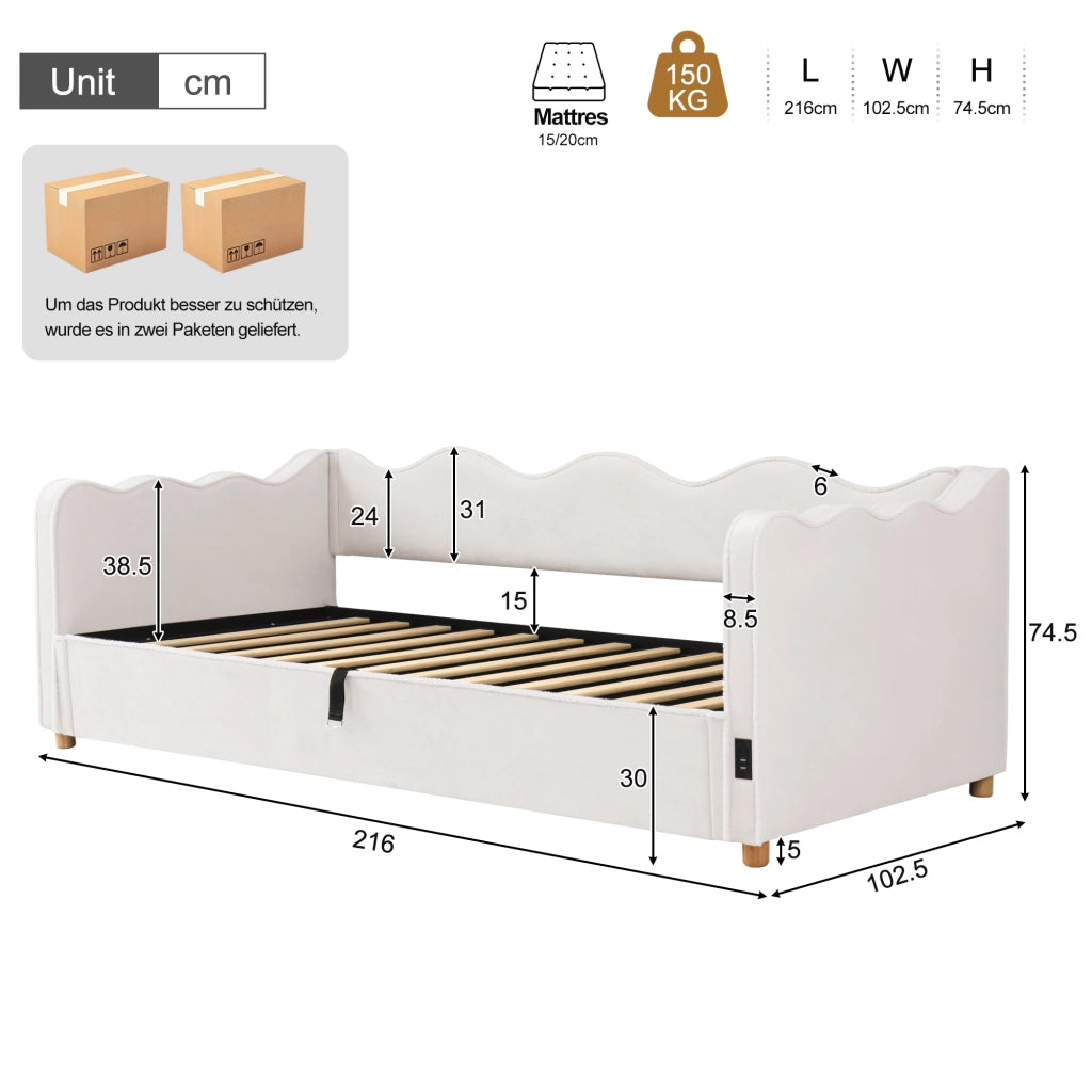 Letto imbottito 90x200 cm con contenitore idraulico, struttura con rete, velluto beige, USB e Type-C