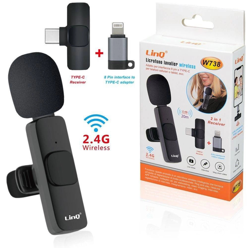 Trade Shop - Microfono Lavalier Con Clip Colletto Bavero Wireless 2.4g Con Ricevitore 20m W738 -