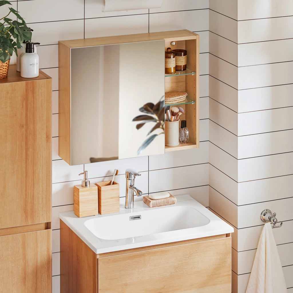 Armadietto pensile con 1 anta a specchio Armadietto con ripiani aperti Mobile da bagno Naturale 60x15x50cm BZR173-N