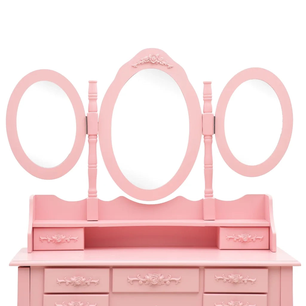 Toeletta | Tavolo da Trucco con Sgabello e Specchio Pieghevole in 3 Rosa