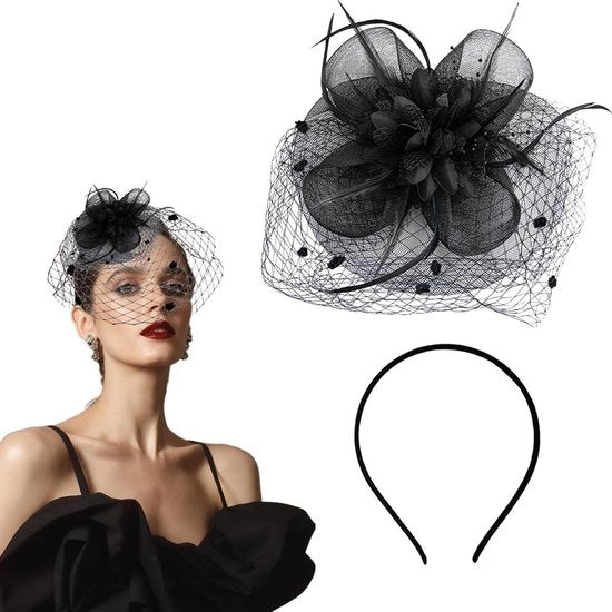 Slancio di capelli con fiocchi e pizzo per capelli con cappello - nero.