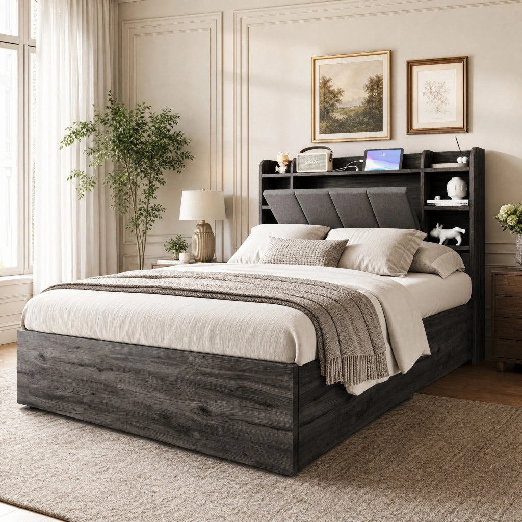 Letto multifunzione 140x200 cm con contenitore idraulico e prese USB e Type-C