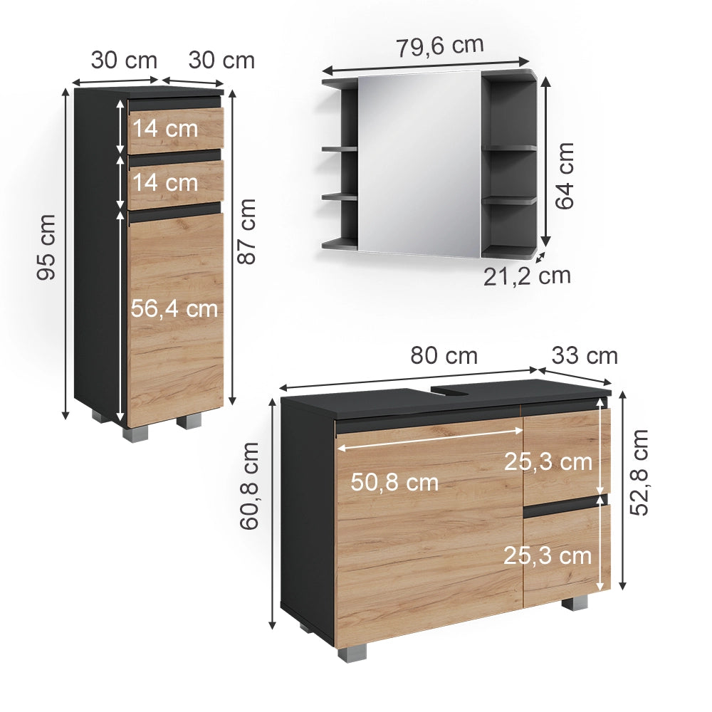 Vicco Set mobili bagno Grigio 3 parti