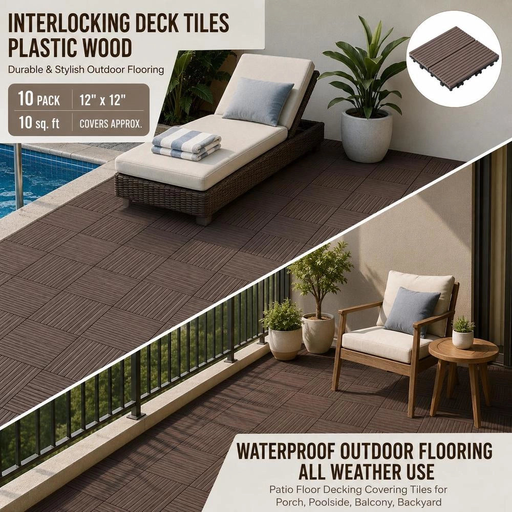 Terrace Tiles, Set Of 10, Balcony Tiles 295 X 295 Mm, Click Tiles, Waterproof Plastic Flooring For Outdoor Use, Patio Flooring For Veranda, Pool, Balcony, Dark Brown