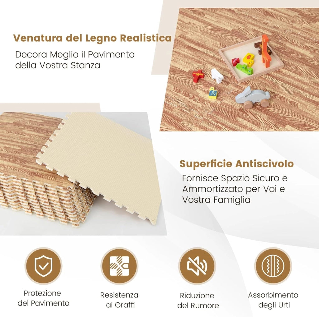 12 Pezzi Tappeto Puzzle Effetto Legno, Tappetini a Incastro in Schiuma EVA con Bordi Perimetrali, Tappeto Protettivo Spesso per Palestra Casa Stanza Giochi, 61x61 cm, 4,5 M²