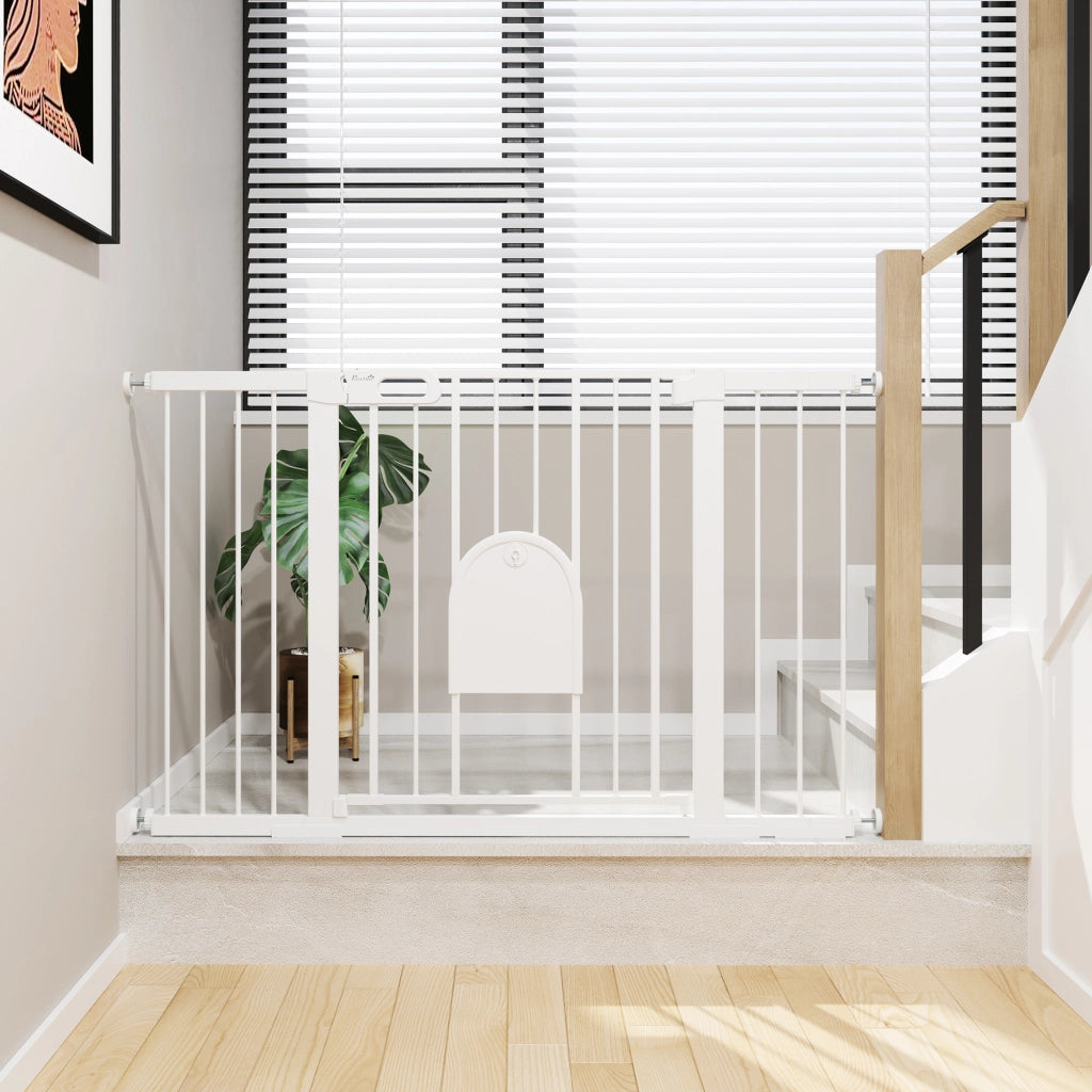 Cancelletto di sicurezza estensibile 75-131 cm con porticina per animali chiusura automatica bianco ABS 76 cm