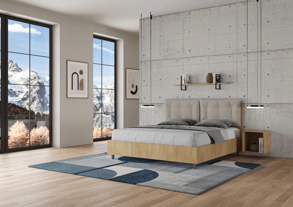 BS COM Letto matrimoniale con rete 160x190 quercia cuscini similpelle tortora