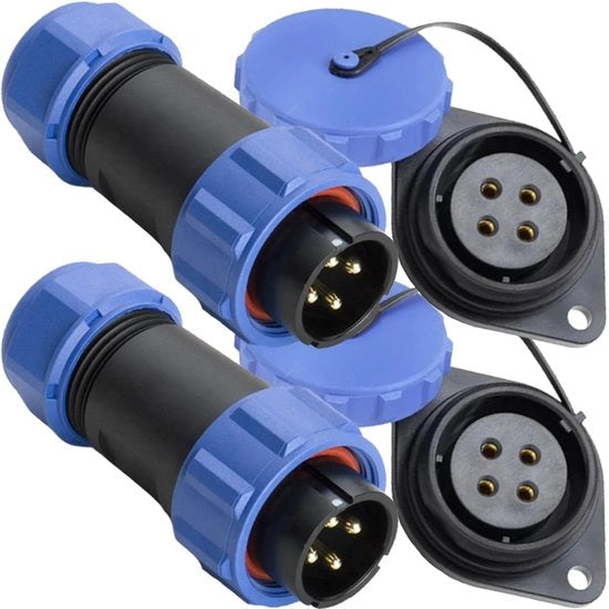 Connettore a 4 poli IP67 impermeabile - Alluminio anodizzato - Montaggio su pannello 21 mm - 2 pezzi - Temperatura di funzionamento -40°C a +85°C - Connessione