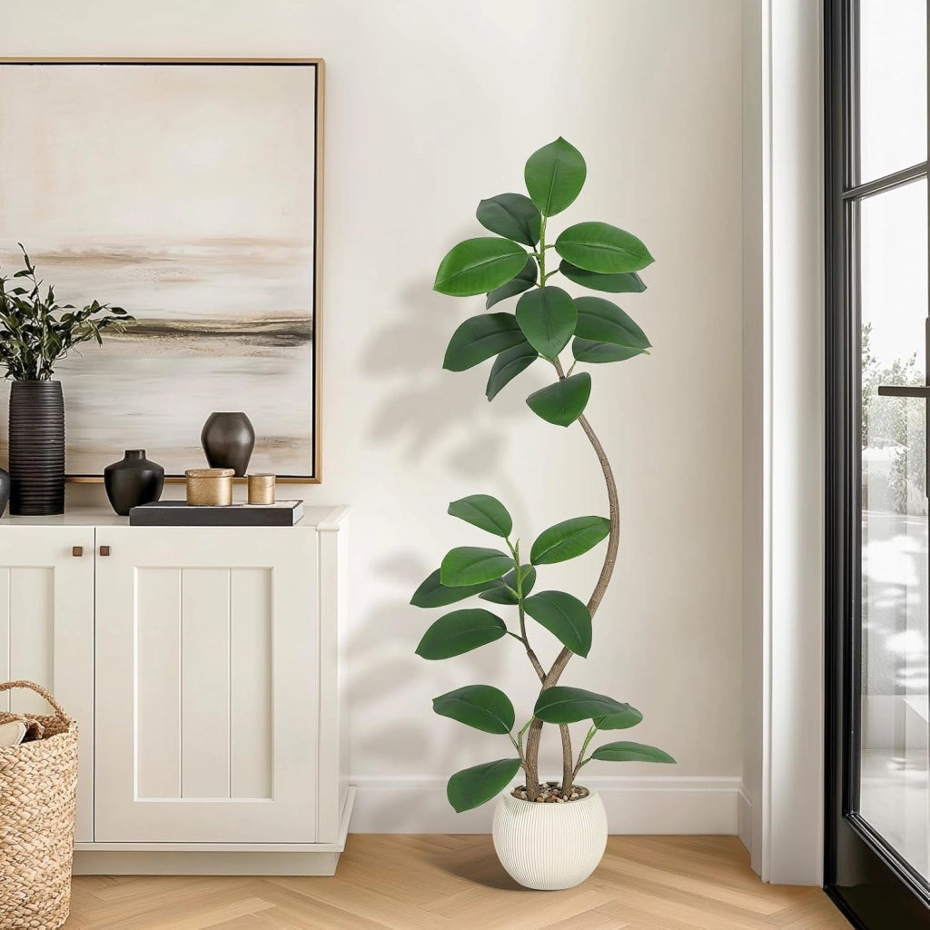 Pianta di Ficus Elastica Artificiale 150 cm a Doppio Tronco con Vaso Effetto Pietra
