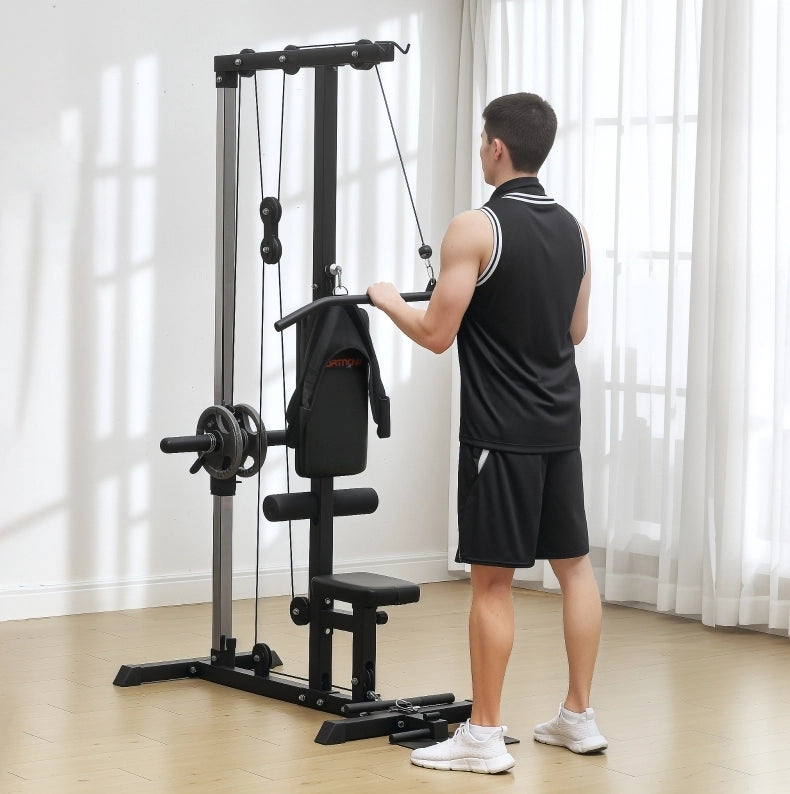 Stazione fitness ULEVR 140x108x197 cm con lat machine, vogatore e sedile regolabile, acciaio nero