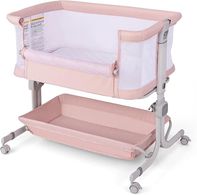 Culla da Affiancare per Neonati, Culla per Bambini con Altezza Regolabile a 6 Livelli, con Mensola Portaoggetti, Materasso e Borsa da Trasporto, per Bambini 0-6 Mesi (Rosa)