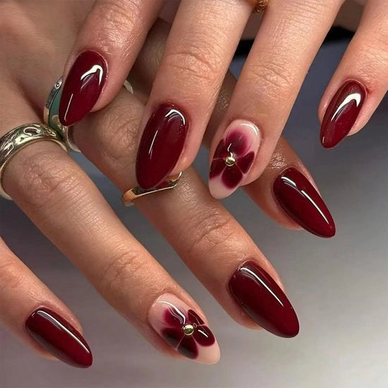 Nageli per unghie a forma di fiori di mandorla rossa, 24 pezzi