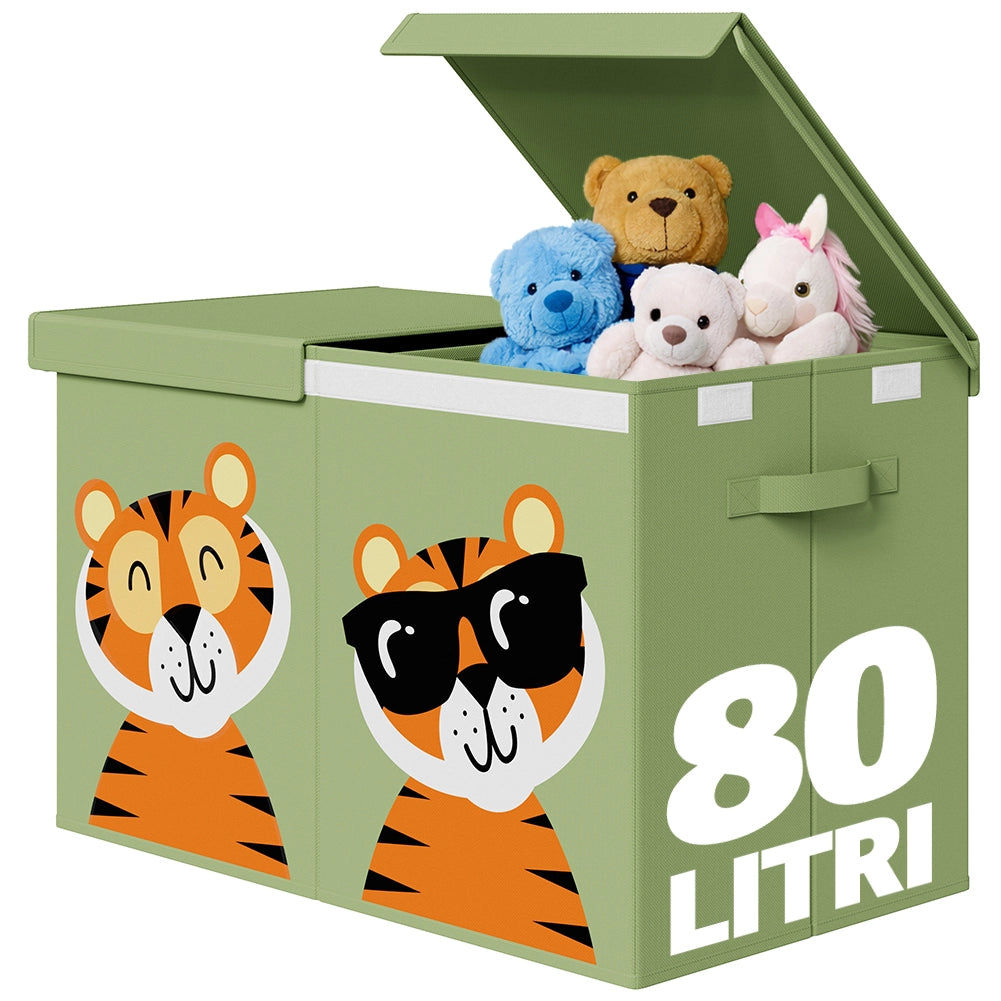 Box Contenitore Giocattoli con Animali Doppio Pieghevole 80L Verde Salvaspazio